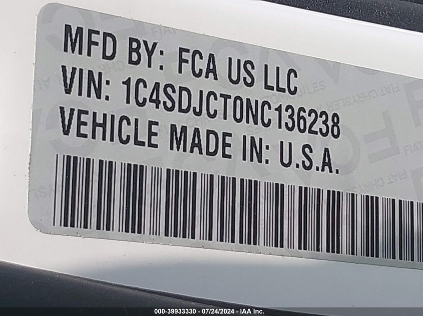 2022 Dodge Durango R/T VIN: 1C4SDJCT0NC136238 Lot: 39933330