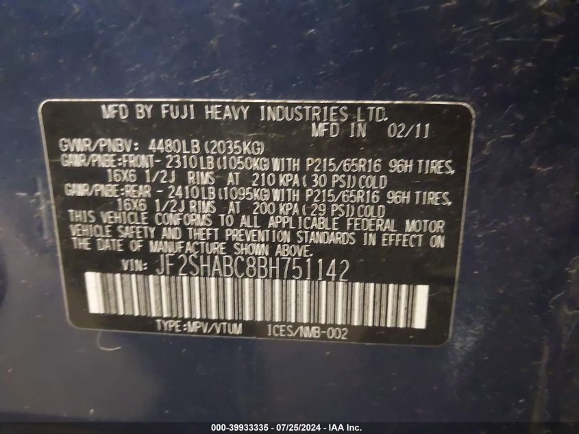 2011 Subaru Forester 2.5X VIN: JF2SHABC8BH751142 Lot: 39933335