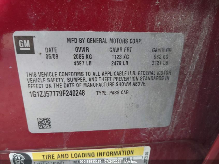 2009 Chevrolet Malibu Lt VIN: 1G1ZJ57779F240248 Lot: 39933355