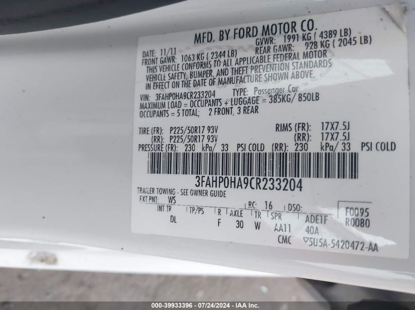 2012 Ford Fusion Se VIN: 3FAHP0HA9CR233204 Lot: 39933396