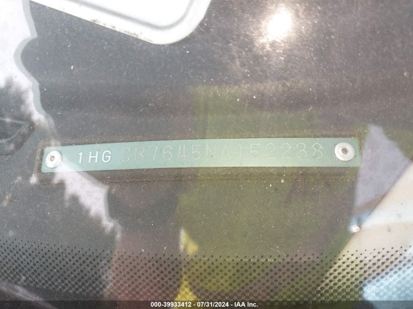 1992 Honda Accord Dx VIN: 1HGCB7645NA152238 Lot: 39933412