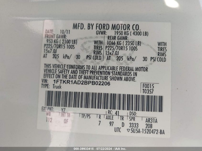 2011 Ford Ranger Xl VIN: 1FTKR1AD2BPB02206 Lot: 39933415