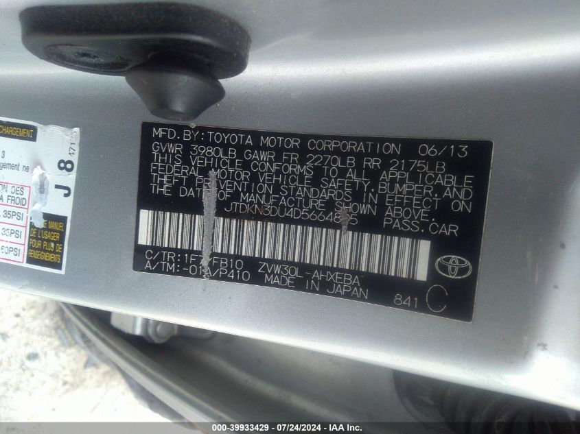 JTDKN3DU4D5664805 2013 Toyota Prius Five/Four/Three/Three Se/Two