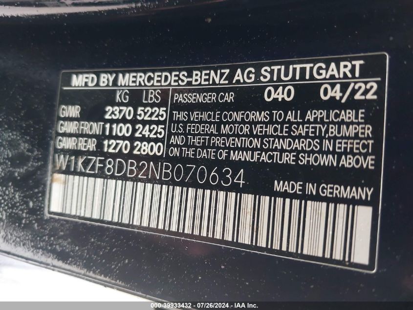 W1KZF8DB2NB070634 2022 Mercedes-Benz E 350