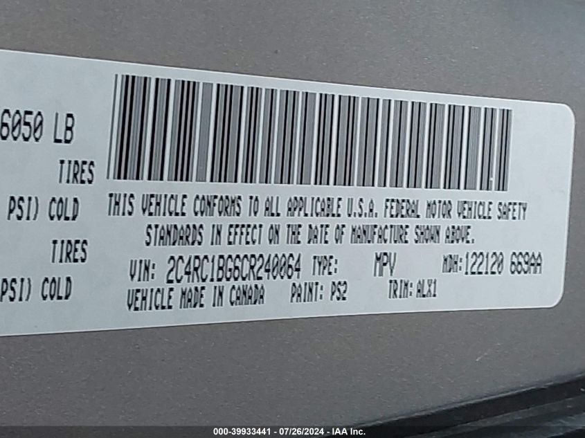 2012 Chrysler Town & Country Touring VIN: 2C4RC1BG6CR240064 Lot: 39933441