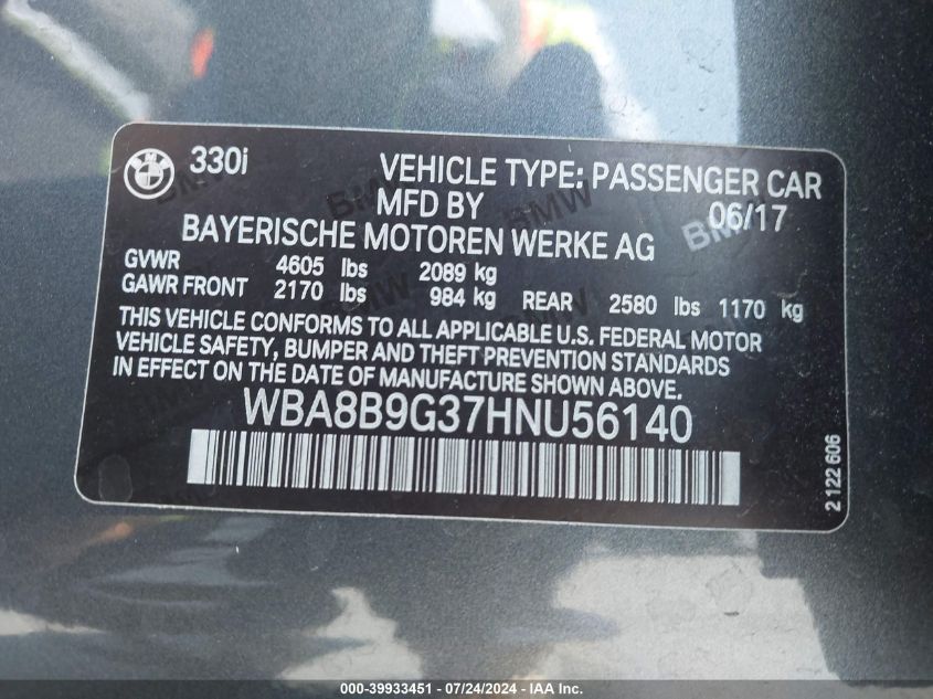2017 BMW 330I VIN: WBA8B9G37HNU56140 Lot: 39933451