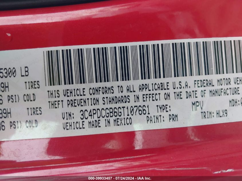 2016 Dodge Journey Crossroad VIN: 3C4PDCGB6GT107661 Lot: 39933457