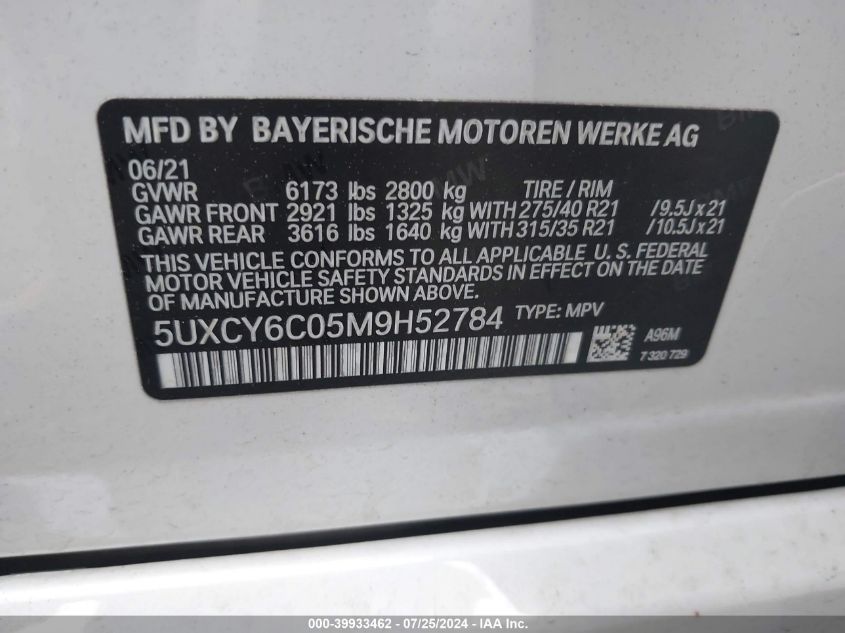 5UXCY6C05M9H52784 2021 BMW X6 xDrive40I