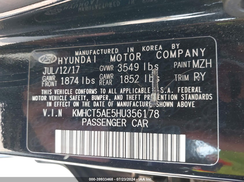 2017 Hyundai Accent Se VIN: KMHCT5AE5HU356178 Lot: 39933468