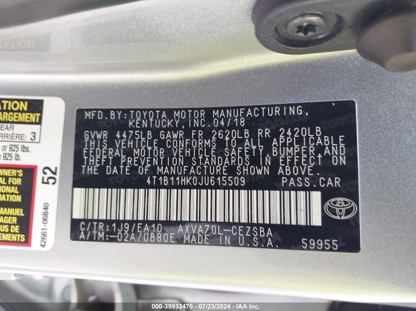 4T1B11HK0JU615509 2018 Toyota Camry L/Le/Xle/Se/Xse