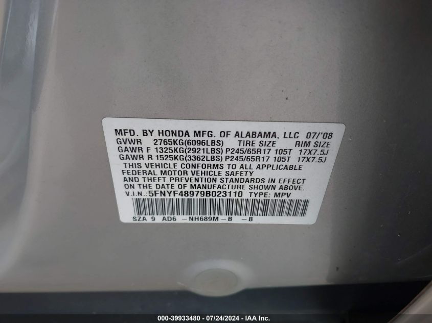 2009 Honda Pilot Touring VIN: 5FNYF48979B023110 Lot: 39933480