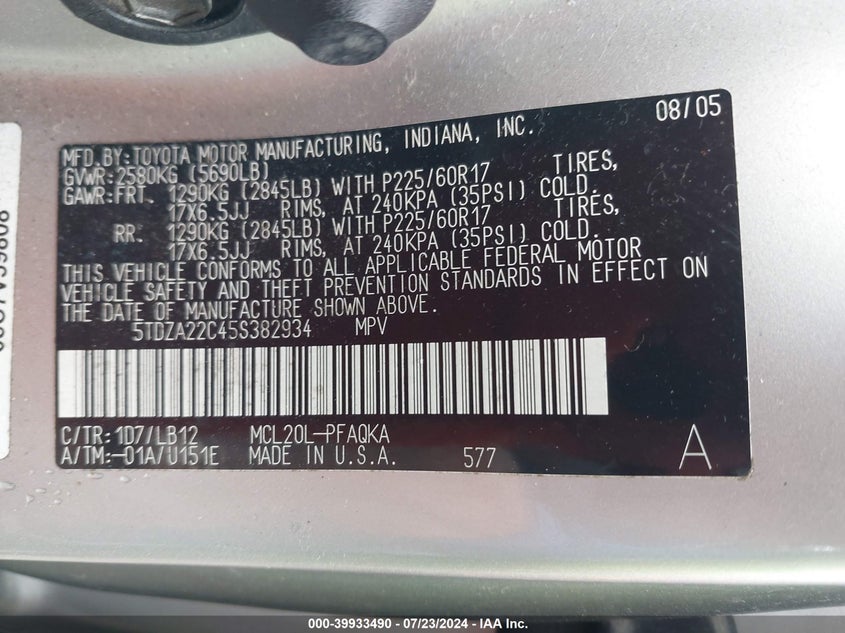 2005 Toyota Sienna Xle/Xle Limited VIN: 5TDZA22C45S382934 Lot: 39933490