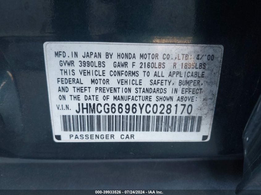 2000 Honda Accord 2.3 Se VIN: JHMCG6696YC028170 Lot: 39933526