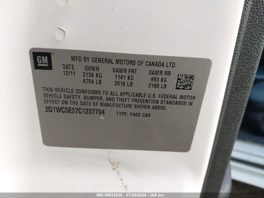 2012 Chevrolet Impala Ltz VIN: 2G1WC5E37C1207794 Lot: 39933535