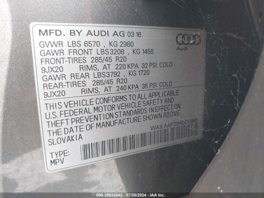 2017 Audi Q7 3.0T Premium VIN: WA1LAAF73HD011965 Lot: 39933542