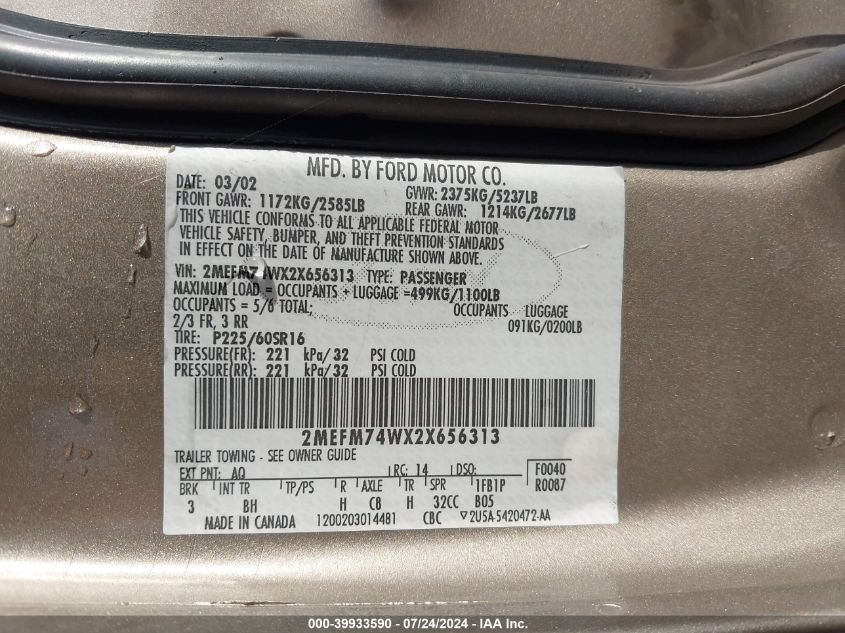 2002 Mercury Grand Marquis Gs VIN: 2MEFM74WX2X656313 Lot: 39933590