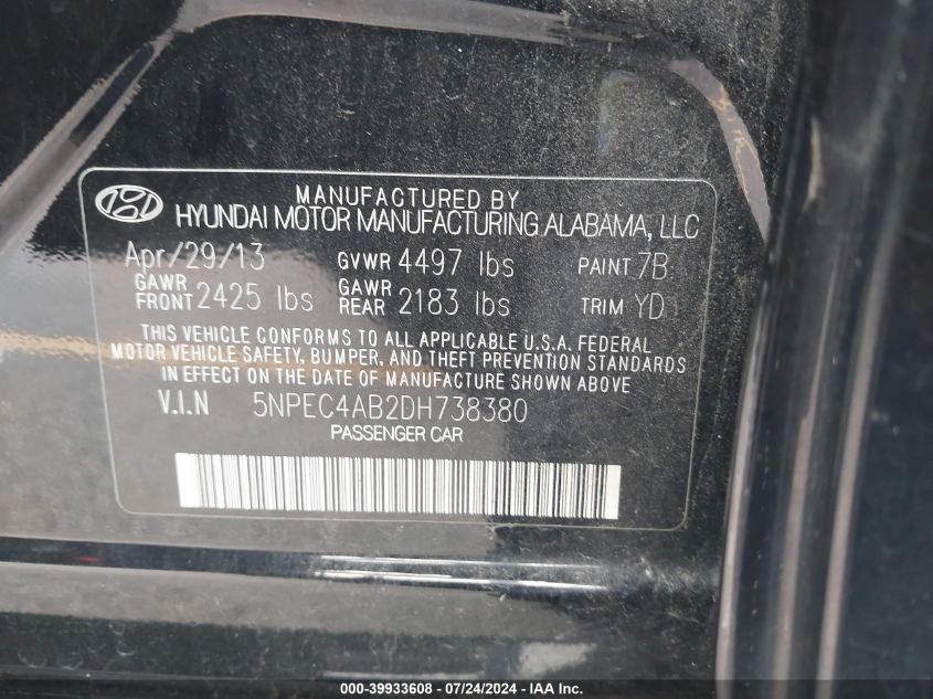 2013 Hyundai Sonata Limited 2.0T VIN: 5NPEC4AB2DH738380 Lot: 39933608