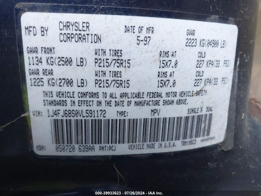 1997 Jeep Cherokee Sport VIN: 1J4FJ68S0VL591172 Lot: 39933623