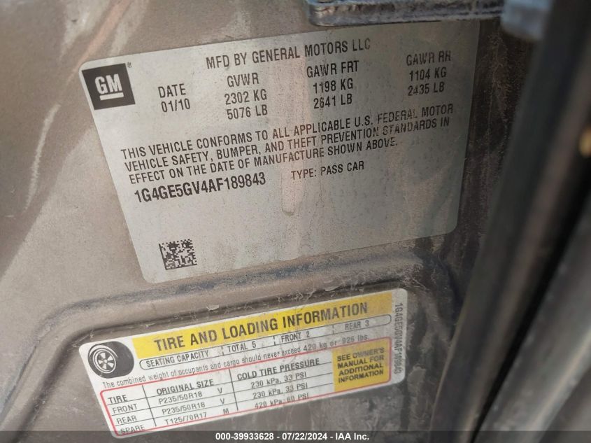 2010 Buick Lacrosse Cxs VIN: 1G4GE5GV4AF189843 Lot: 39933628