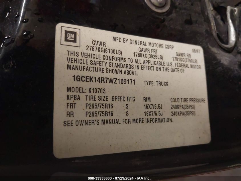 1998 Chevrolet Gmt-400 K1500 VIN: 1GCEK14R7WZ109171 Lot: 39933630