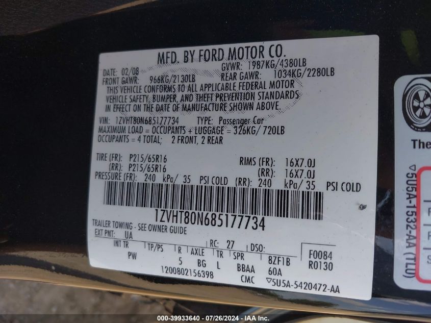 2008 Ford Mustang V6 Deluxe/V6 Premium VIN: 1ZVHT80N685177734 Lot: 39933640