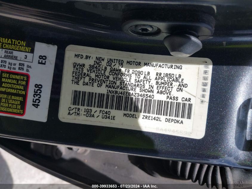 2010 Toyota Corolla S/Le/Xle VIN: 1NXBU4EE8AZ346540 Lot: 39933653