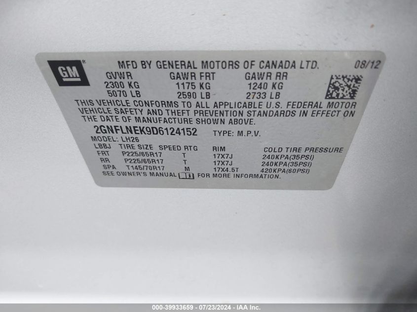 2013 Chevrolet Equinox 2Lt VIN: 2GNFLNEK9D6124152 Lot: 39933659