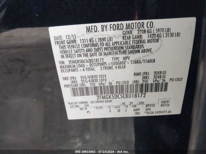 2012 Ford Flex Limited VIN: 2FMGK5DC5CBD18172 Lot: 39933663