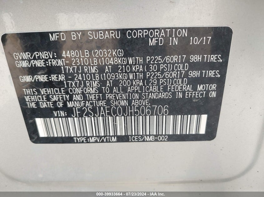 VIN JF2SJAEC0JH506706 2018 SUBARU FORESTER 2.5I PREMIUM