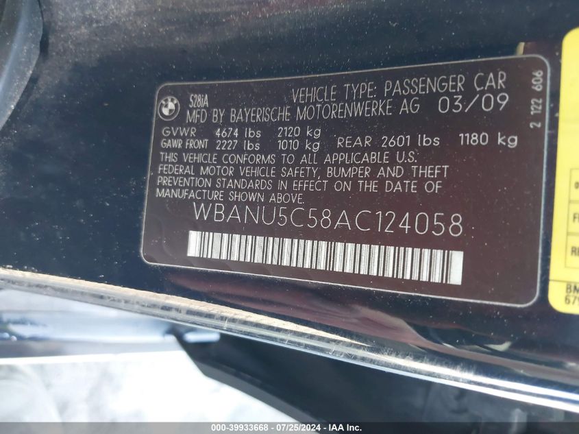 2010 BMW 528 I VIN: WBANU5C58AC124058 Lot: 39933668