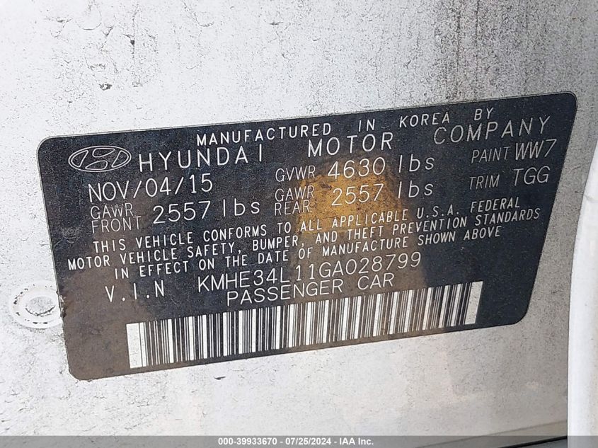2016 Hyundai Sonata Hybrid/Limited VIN: KMHE34L11GA028799 Lot: 39933670