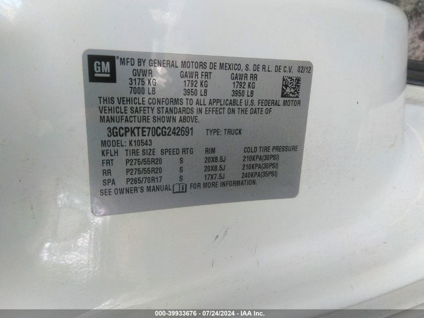 2012 Chevrolet Silverado K1500 Ltz VIN: 3GCPKTE70CG242691 Lot: 39933676