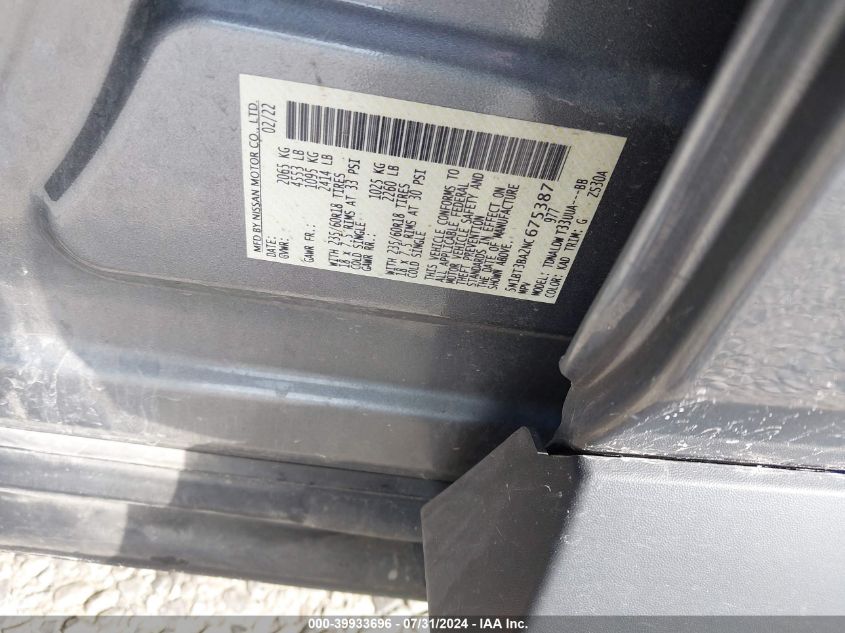 2022 Nissan Rogue Sv VIN: 5N1BT3BA2NC675387 Lot: 39933696