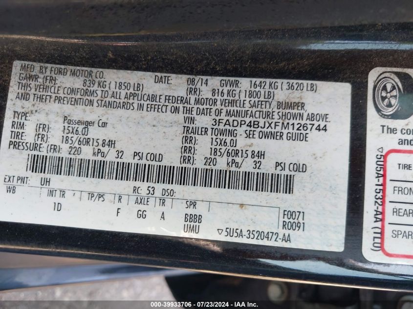 2015 Ford Fiesta Se VIN: 3FADP4BJXFM126744 Lot: 43438448