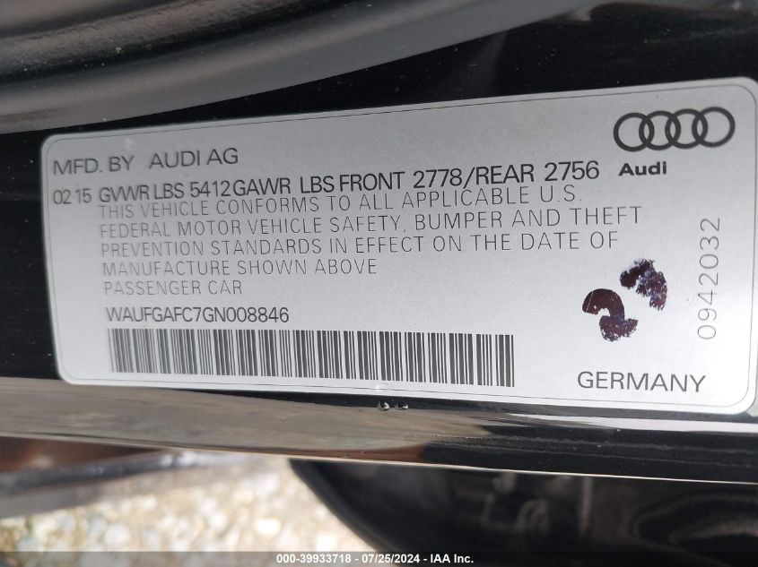 2016 Audi A6 Premium Plus VIN: WAUFGAFC7GN008846 Lot: 39933718