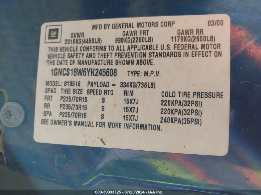 2000 Chevrolet Blazer Ls VIN: 1GNCS18W6YK245608 Lot: 39933725