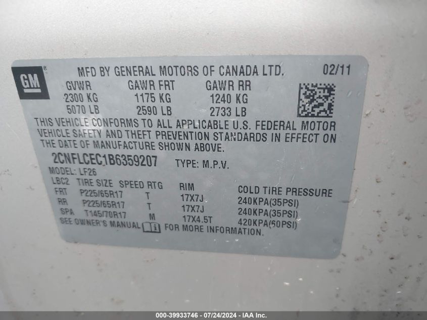 2011 Chevrolet Equinox Ls VIN: 2CNFLCEC1B6359207 Lot: 39933746