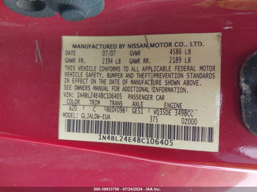 2008 Nissan Altima 3.5 Se VIN: 1N4BL24E48C106405 Lot: 39933756