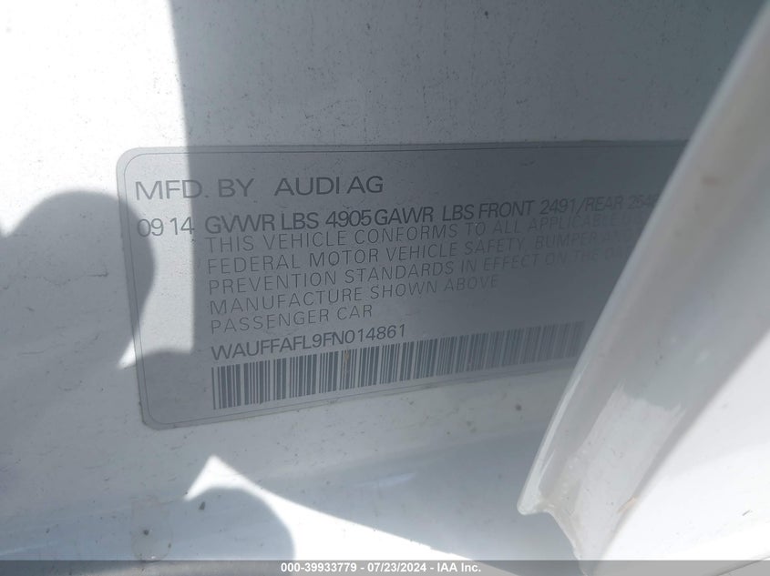 2015 Audi A4 2.0T Premium VIN: WAUFFAFL9FN014861 Lot: 39933779