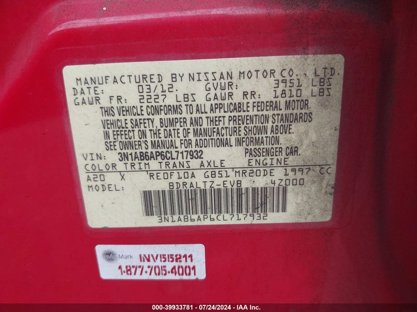 2012 Nissan Sentra 2.0/2.0S/Sr/2.0Sl VIN: 3N1AB6AP6CL717932 Lot: 39933781