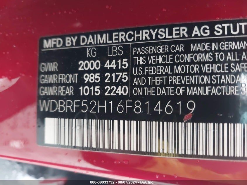 2006 Mercedes-Benz C 230 Sport VIN: WDBRF52H16F814619 Lot: 39933792