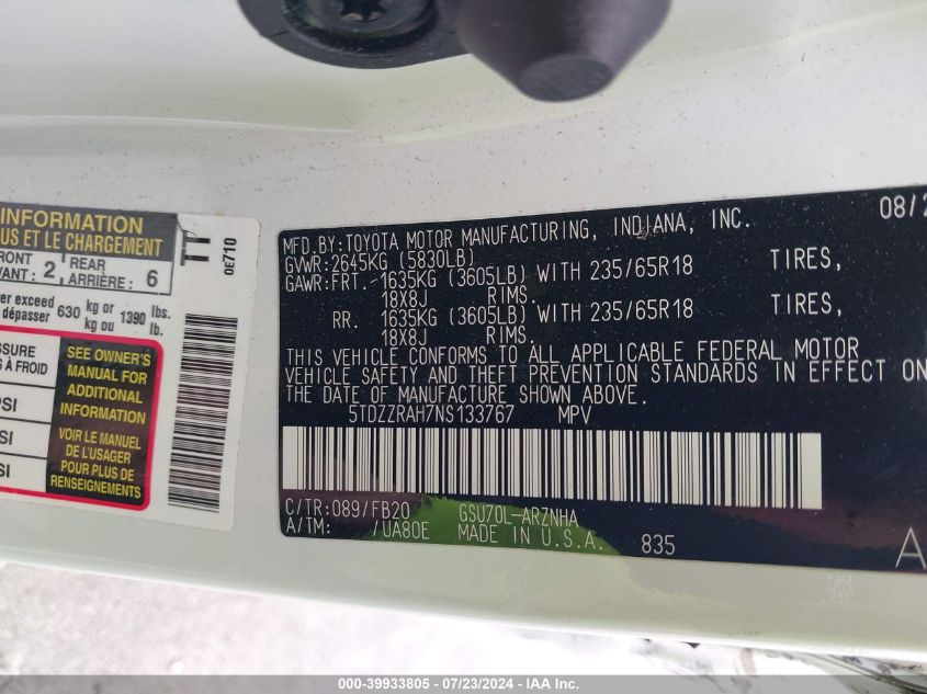 2022 Toyota Highlander Le VIN: 5TDZZRAH7NS133767 Lot: 39933805