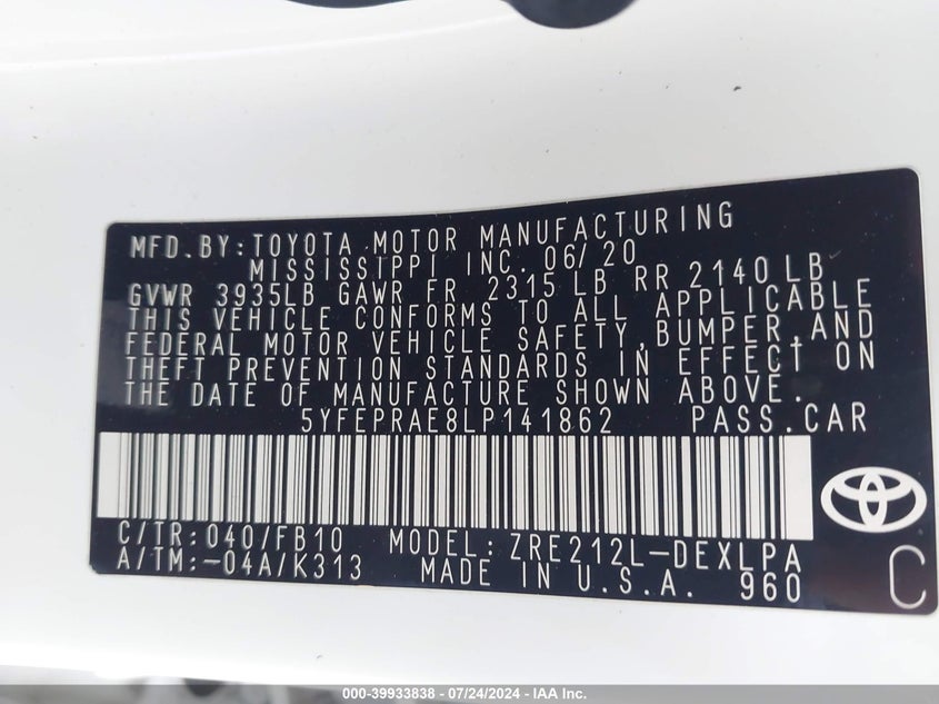 2020 TOYOTA COROLLA LE - 5YFEPRAE8LP141862