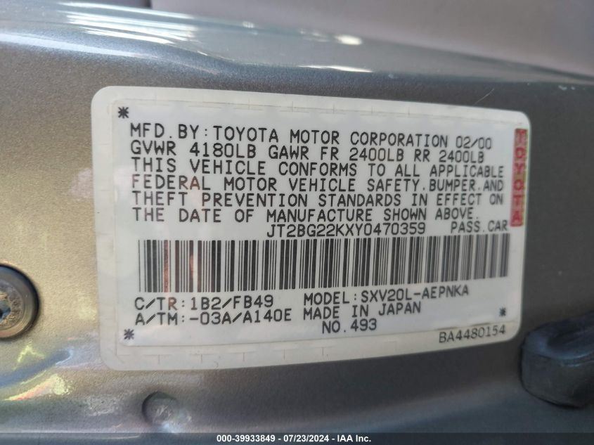 2000 Toyota Camry Ce/Le/Xle VIN: JT2BG22KXY0470359 Lot: 39933849