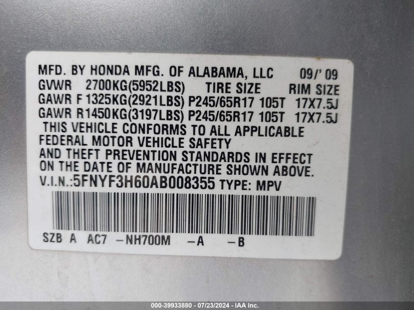 2010 Honda Pilot Ex-L VIN: 5FNYF3H60AB008355 Lot: 39933880
