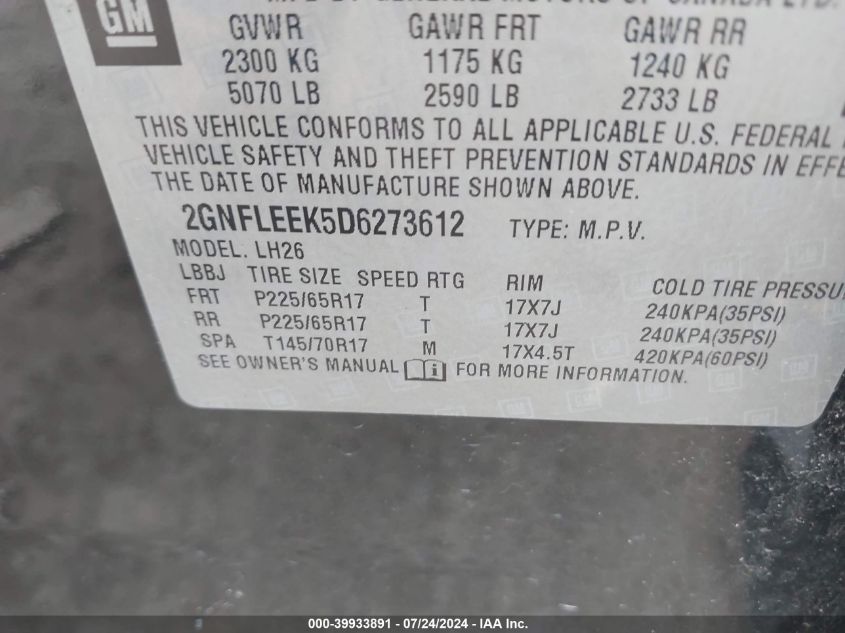 2013 Chevrolet Equinox 1Lt VIN: 2GNFLEEK5D6273612 Lot: 39933891