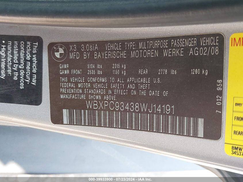 2008 BMW X3 3.0Si VIN: WBXPC93438WJ14191 Lot: 39933900