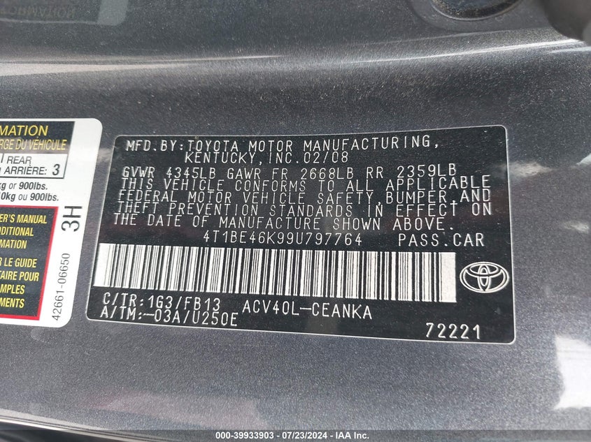 2009 Toyota Camry Se/Le/Xle VIN: 4T1BE46K99U797764 Lot: 39933903