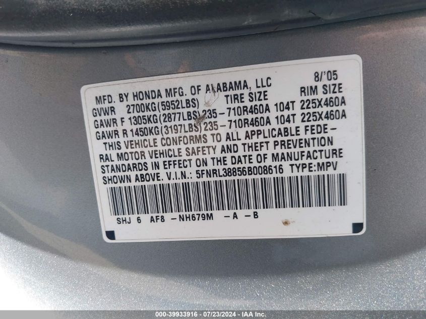 2006 Honda Odyssey Touring VIN: 5FNRL38856B008616 Lot: 39933916