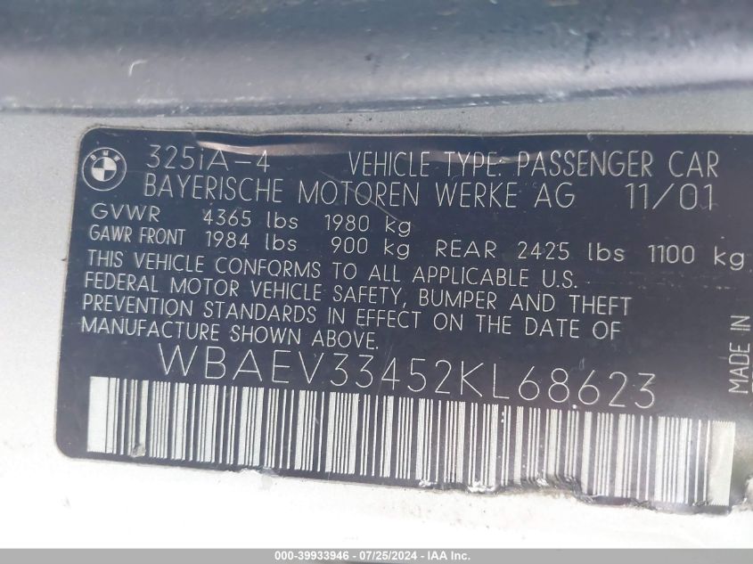2002 BMW 325 I VIN: WBAEV33452KL68623 Lot: 39933946